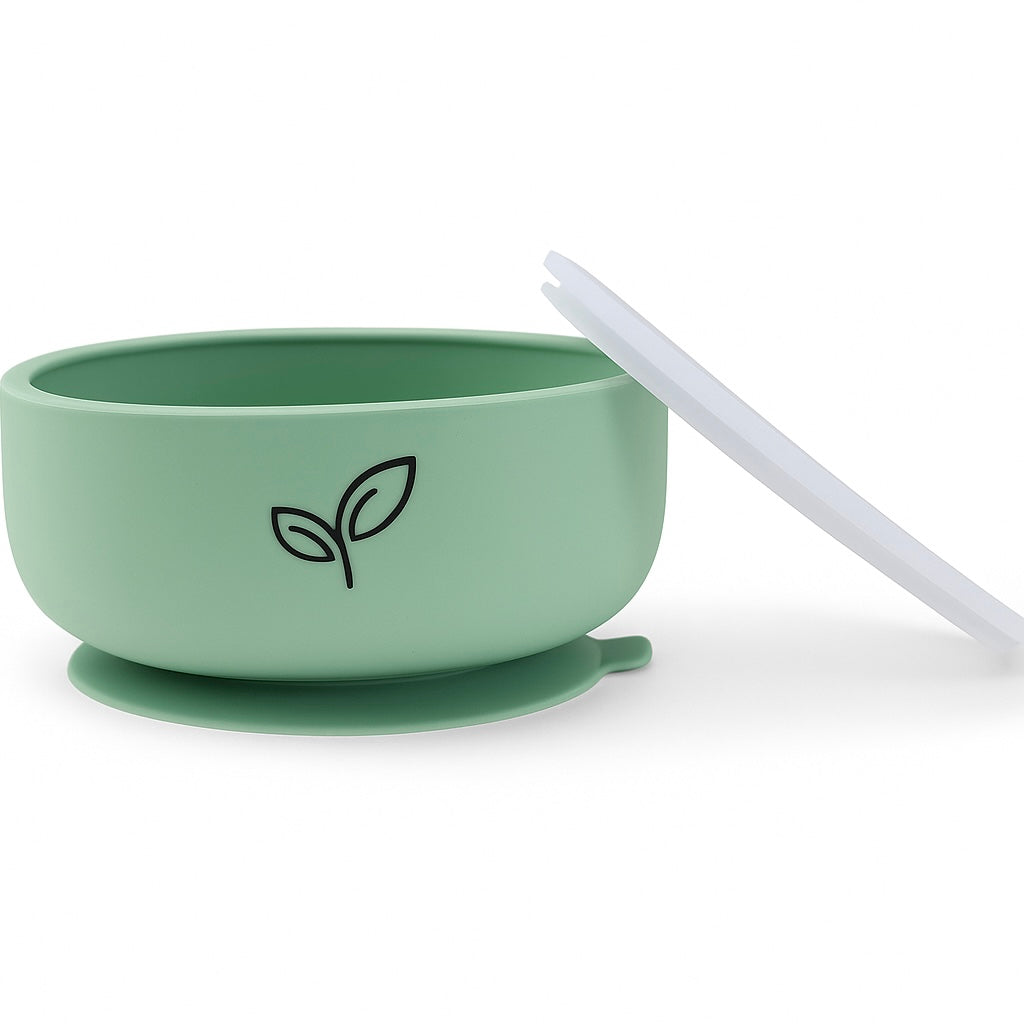 Silikonskål med sugekopp for baby med lokk - Sandstone