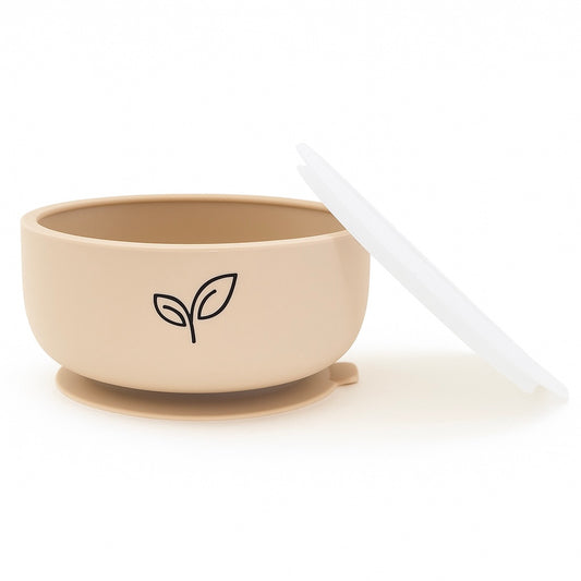 Silikonskål med sugekopp for baby med lokk - Sandstone