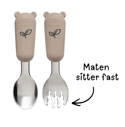 Bestikk i rustfritt stål & silikon | Barneskje og barnegaffel