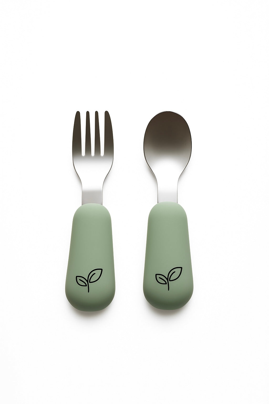 Bestikksett baby i silikon og stål - Soft sage