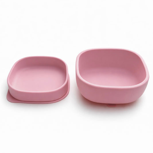 NYHET 2-i-1 silikonskål og tallerken med sugekopp for baby med lokk - Cherry blossom