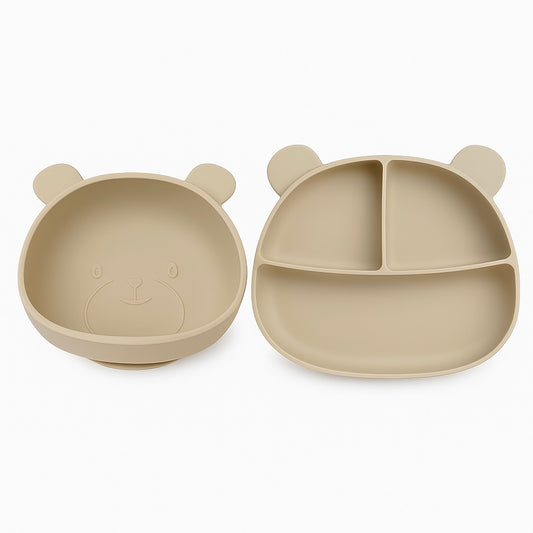 Silikonskål for baby med sugekopp bamseform - Sandstone