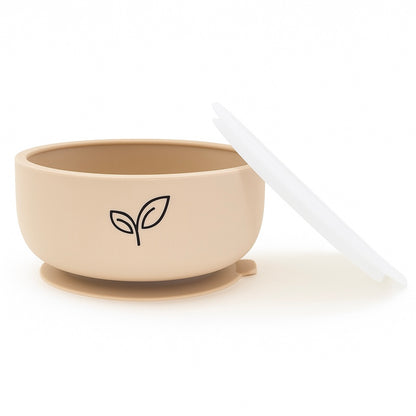 Silikonskål med sugekopp for baby med lokk - Sandstone