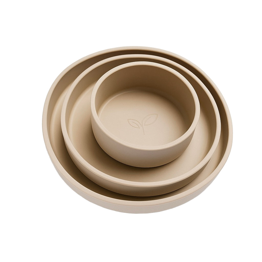 Babyservise i silikon 3 deler - tallerken og skål - Sandstone
