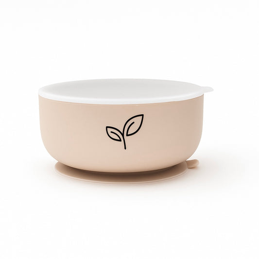 Silikonskål med sugekopp for baby med lokk - Sandstone