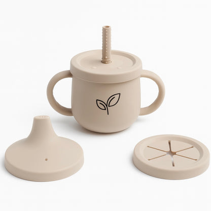 Silikonkopp 4-i-1 baby - kopp, sugerør, tut og snackslokk - Sandstone