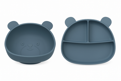 Silikonskål for baby med sugekopp bamseform - Smokey blue