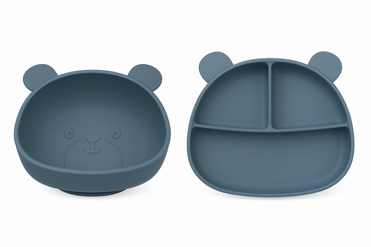 Silikonskål for baby med sugekopp bamseform - Smokey blue