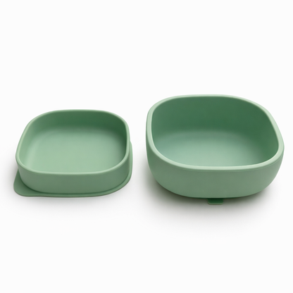 NYHET 2-i-1 silikonskål og tallerken med sugekopp for baby med lokk - Meadow