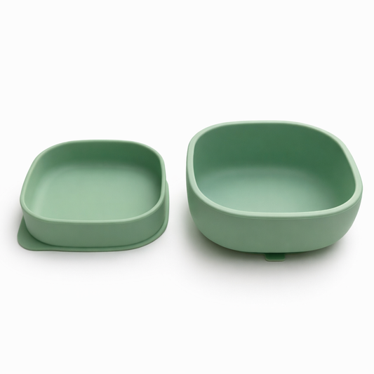 NYHET 2-i-1 silikonskål og tallerken med sugekopp for baby med lokk - Meadow