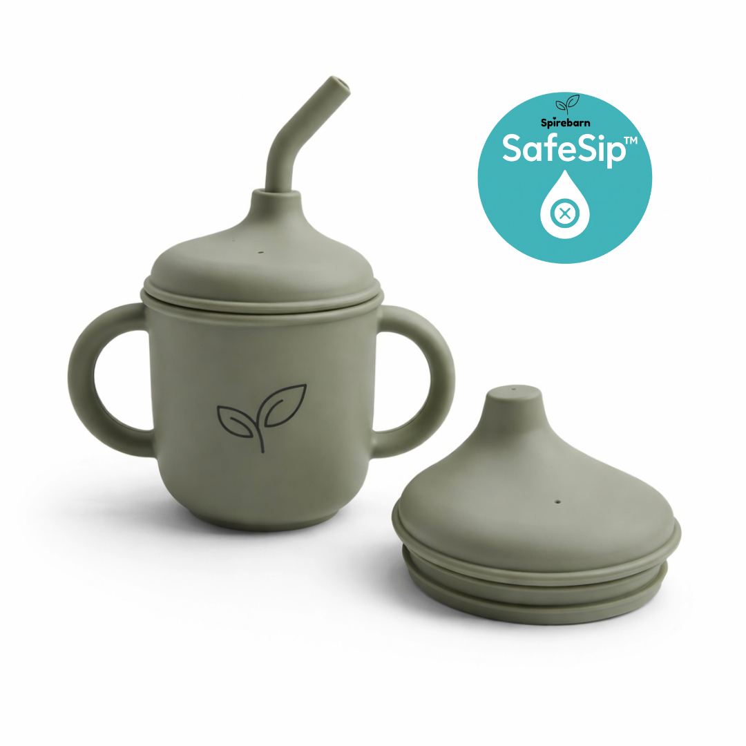 Silikonkopp 3-i-1 baby - kopp, sugerør og lekkasjefri tut - Soft sage