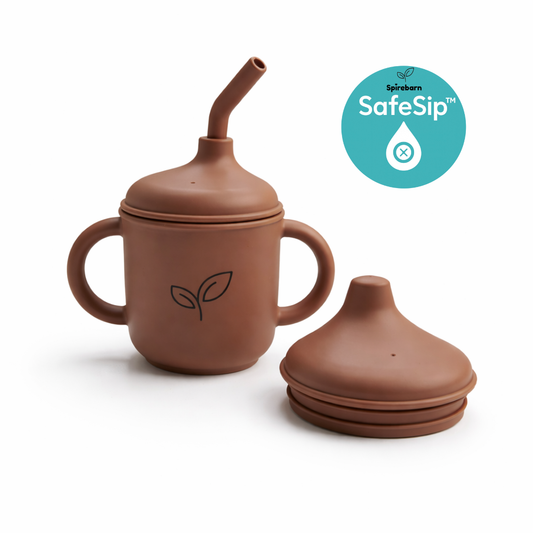 Silikonkopp 3-i-1 baby - kopp, sugerør og lekkasjefri tut - Hazelnut