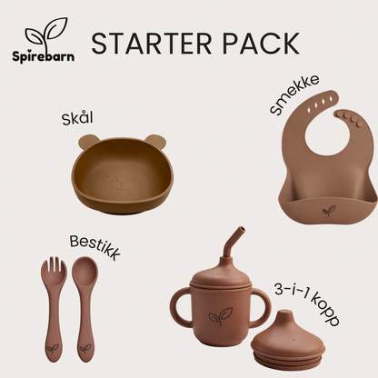 Starter pack baby skål, bestikk, smekke og kopp - Hazelnut